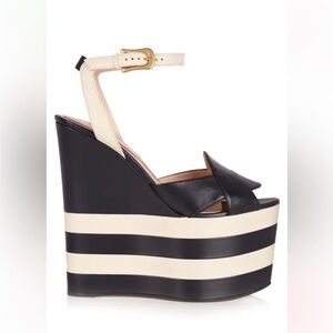 Gucci platform Black and Cream Striped Wedge Sandals 37.5